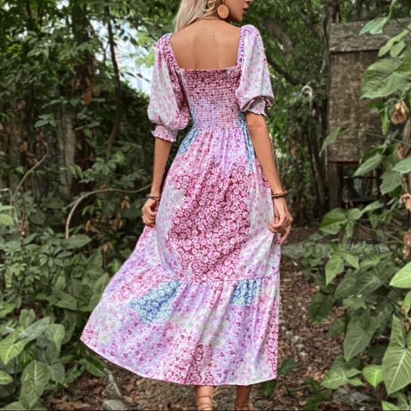 Boho floral print puff sleeve ruffle hem maxi dress - Picture 4 of 5